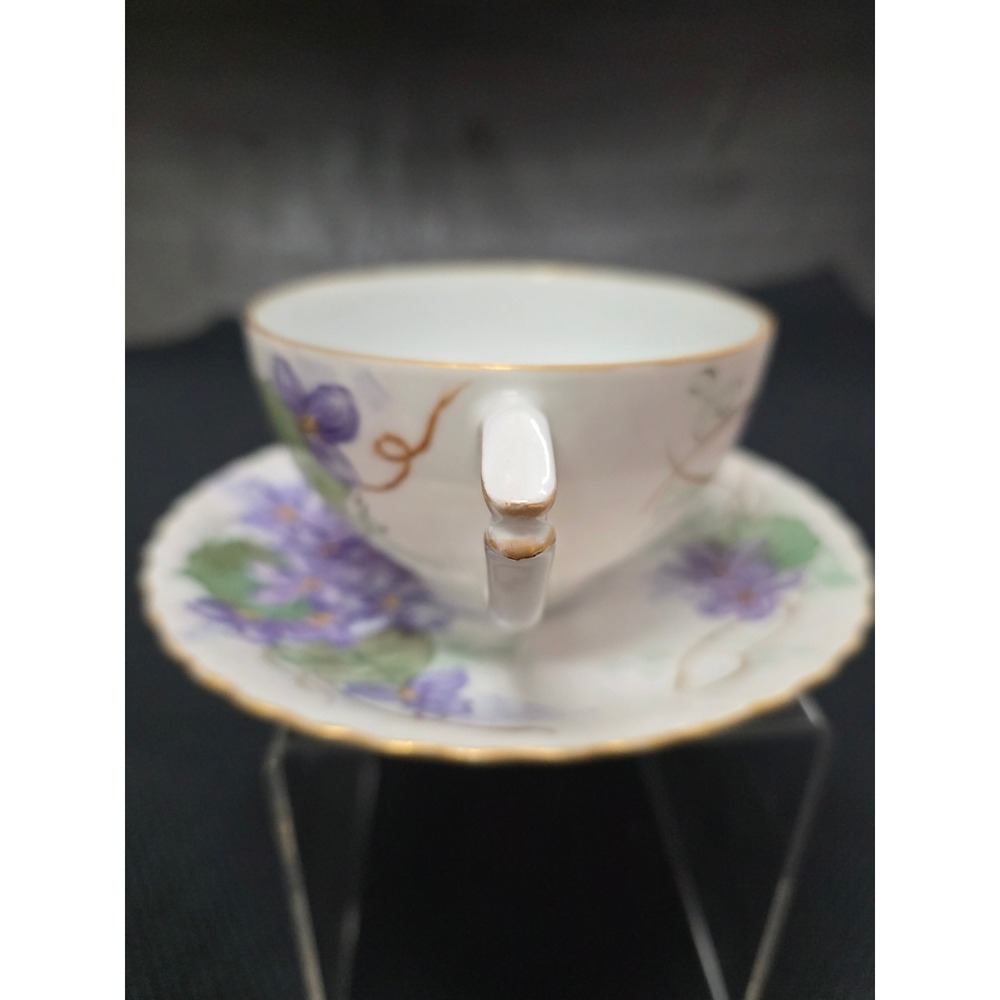 Vintage Hand Painted Purple Violet Floral Porcelain Tea Cup and Saucer Set Gold - Picture 9 of 9